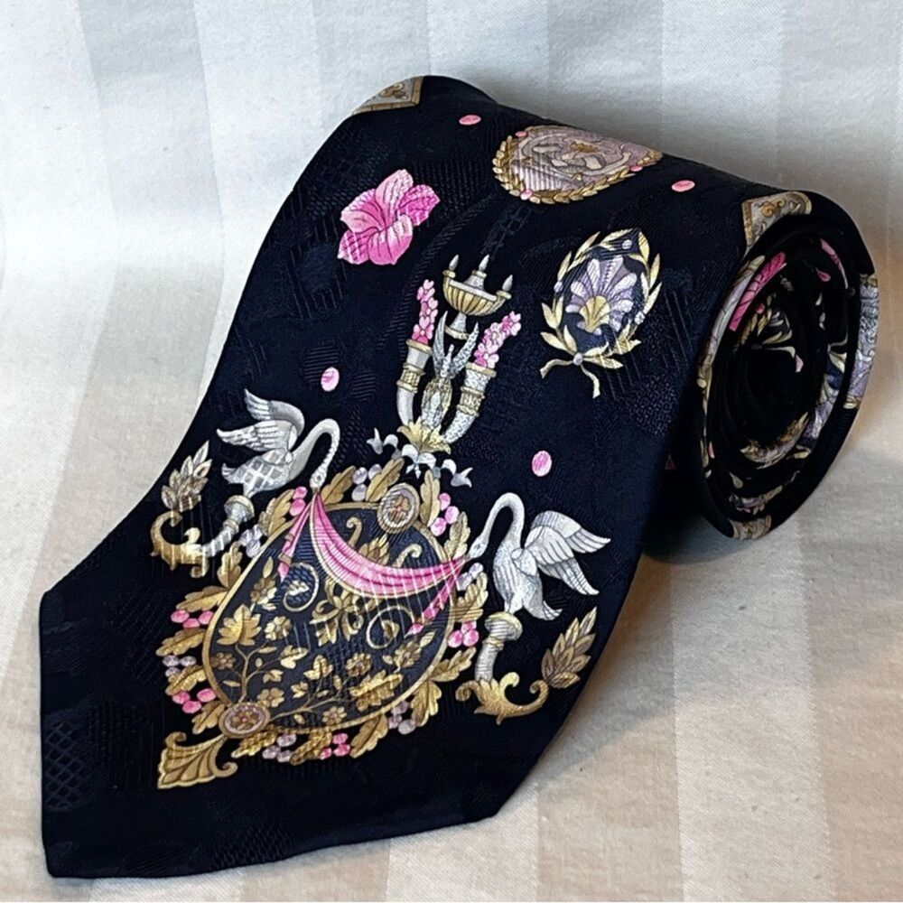 Leonard Paris Silk Tie Dessin N° 71088 - Italy - Navy Gold Baroque Medallion